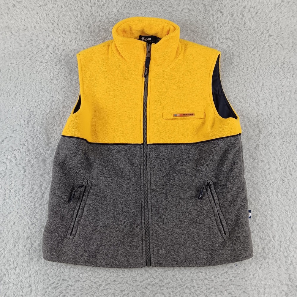 Bisou Jeans Vintage Fleece Vest Yellow Grey‎ Colorblock Full Zip Mock Neck Large